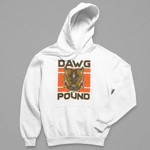 NEW Dawg Pound Cleveland Browns Fan Slogan Fleece Pullover Hoodie WHITE